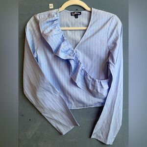 FRESHMAN Brand light Blue Striped Ruffle Wrap Top‎